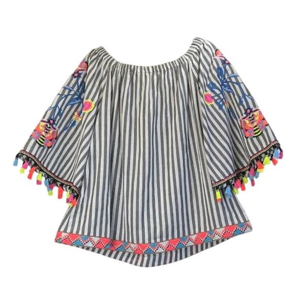 See And Be Seen Womens M Black/White Striped Colorful Embroidery/ Boat Neck - Picture 2 of 8